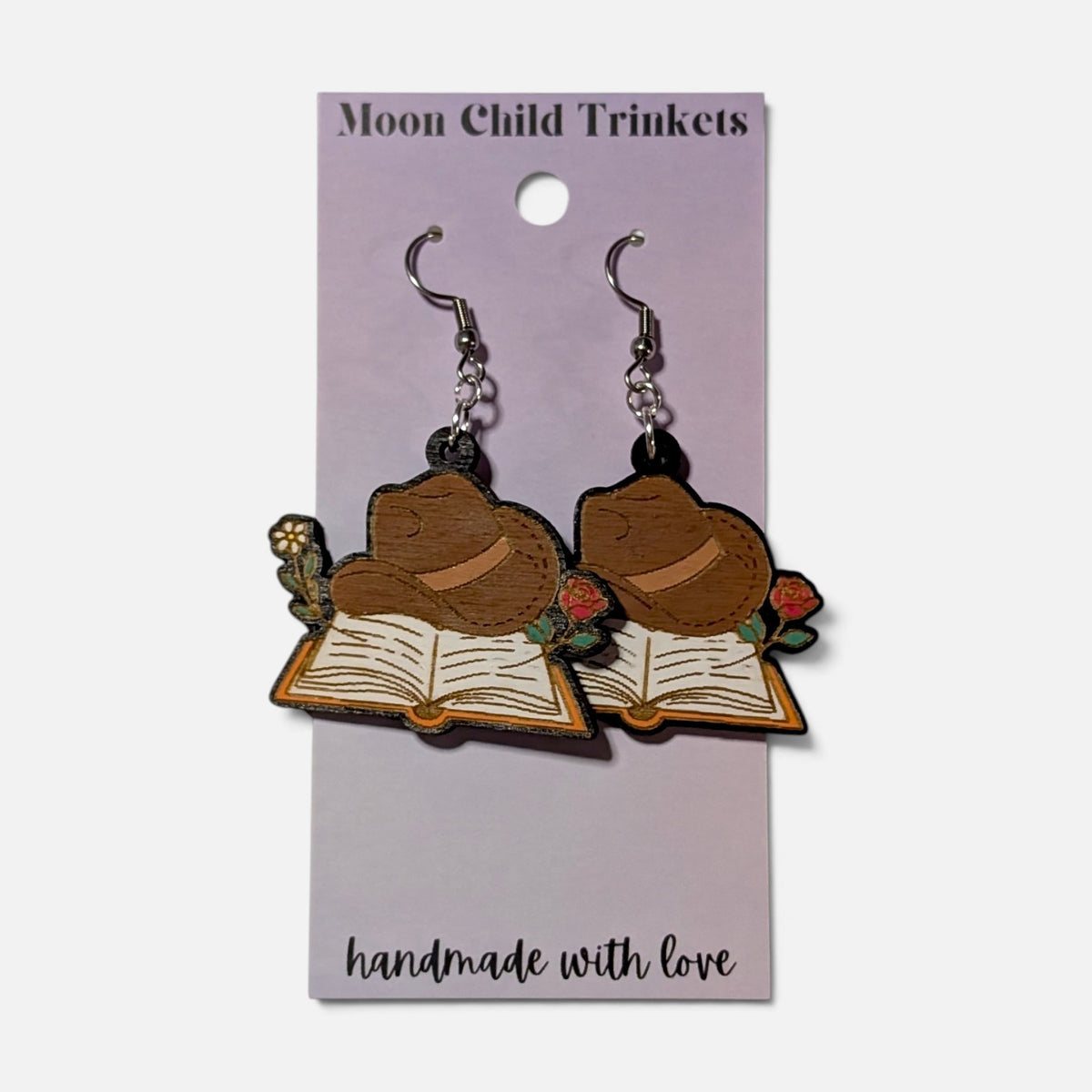 Western Romance Bookish Hand Painted Wood Earrings
