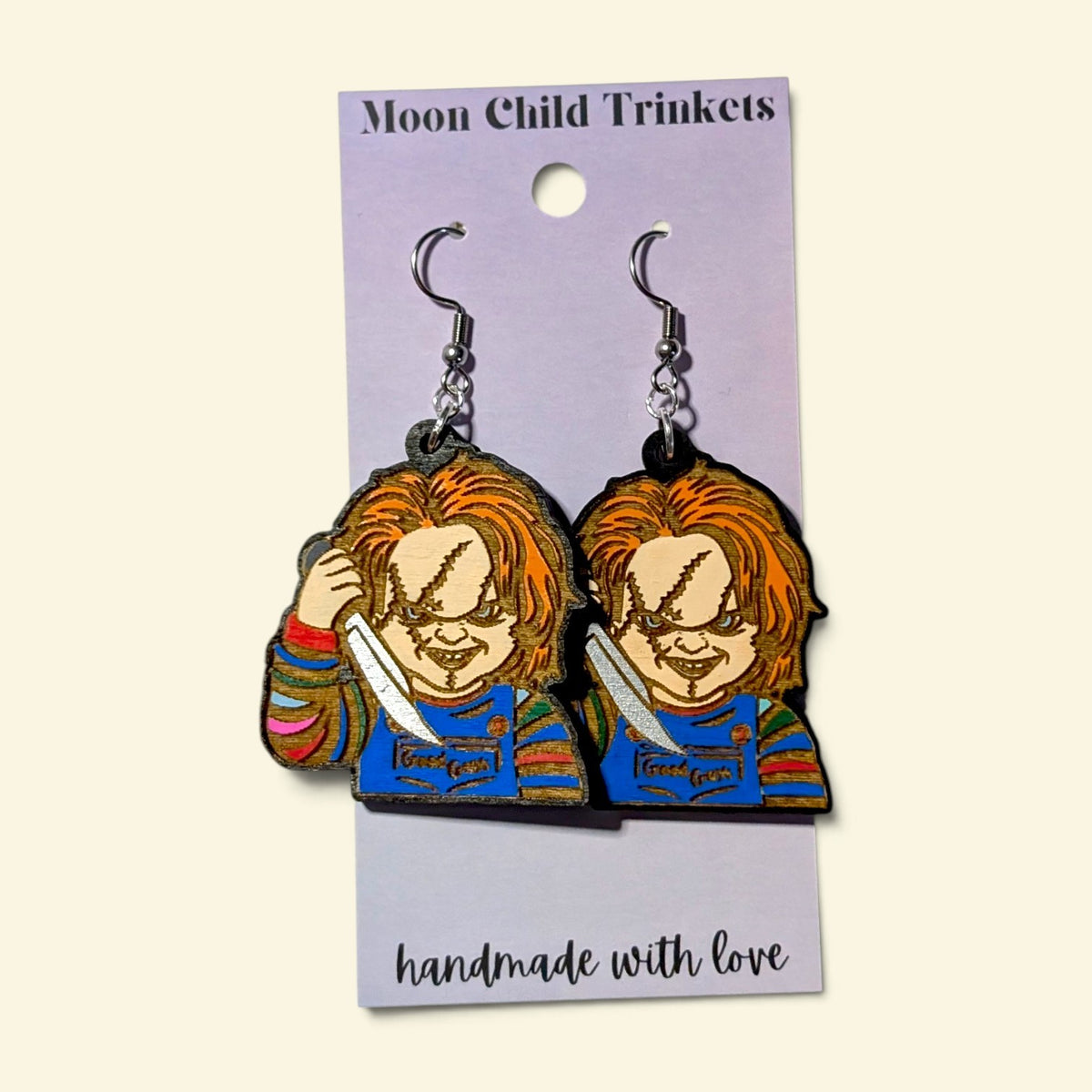 Chucky Horror Hand Painted Wood Earrings