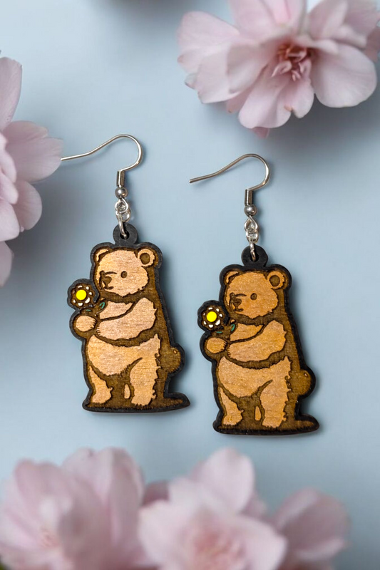 Cottagecore Bear Hand Painted Wood Dangle Earrings