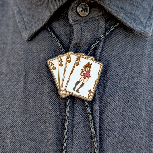 Pinup Devil Playing Cards Bolo Tie - Hand Painted Wood Bolo