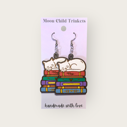 Cats and Books Hand Painted Wood Dangle Earrings