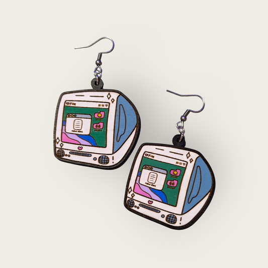 Retro Computer Hand Painted Wood Dangle Earrings