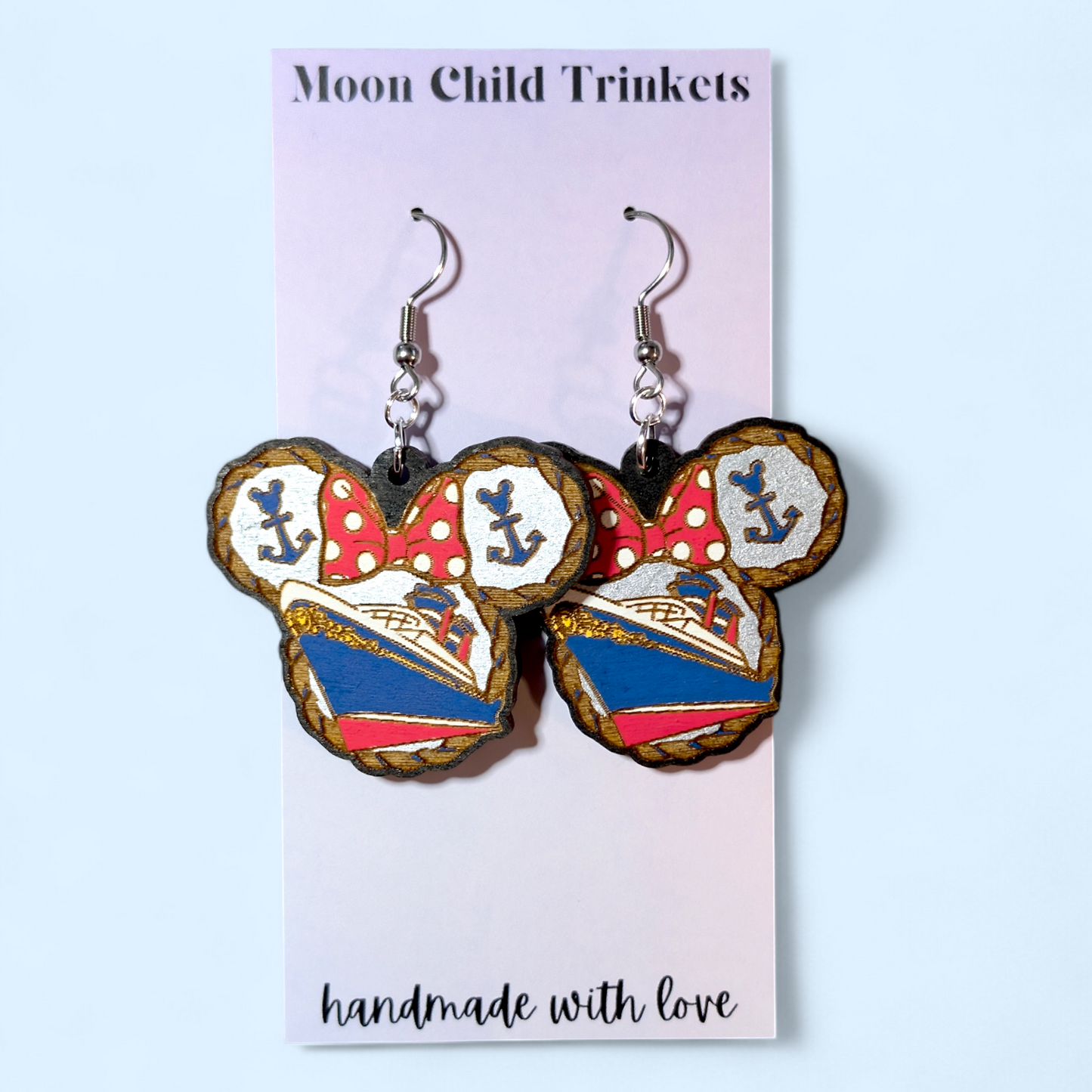 Cruise Ship Minnie Mouse Ear Hand Painted Wood Earrings