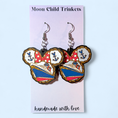 Cruise Ship Minnie Mouse Ear Hand Painted Wood Earrings
