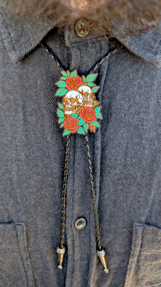 Skull and Roses Bolo Tie - Hand Painted Wood Bolo