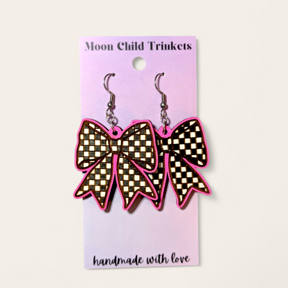 Y2K Checkered Bows Hand Painted Wood Dangle Earrings