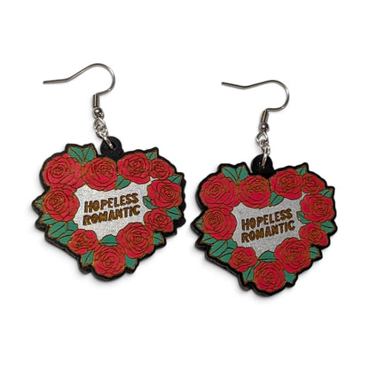 Hopeless Romantic Floral Bookish Hand Painted Wood Earrings
