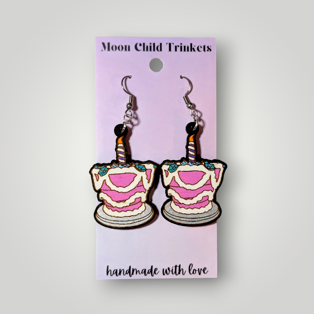 Unbirthday Cake Alice in Wonderland Hand Painted Wood Earrings