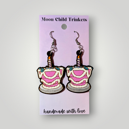 Unbirthday Cake Alice in Wonderland Hand Painted Wood Earrings
