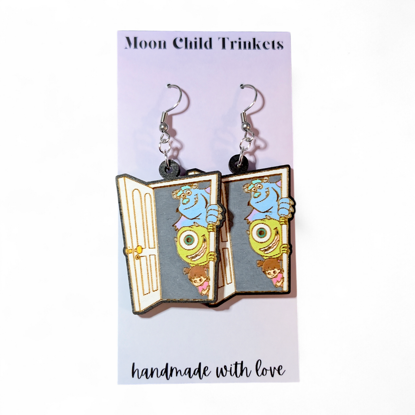 Monsters Inc Mike, Sully, & Boo Hand Painted Wood Earrings