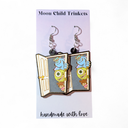Monsters Inc Mike, Sully, & Boo Hand Painted Wood Earrings