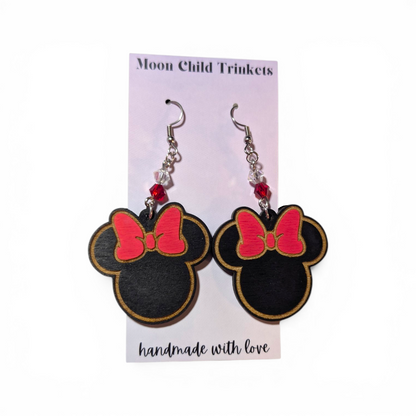 Minnie Mouse Bow Hand Painted Wood Earrings