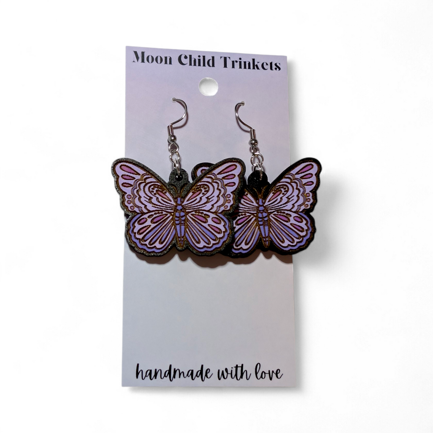Purple Butterfly Hand Painted Wood Earrings