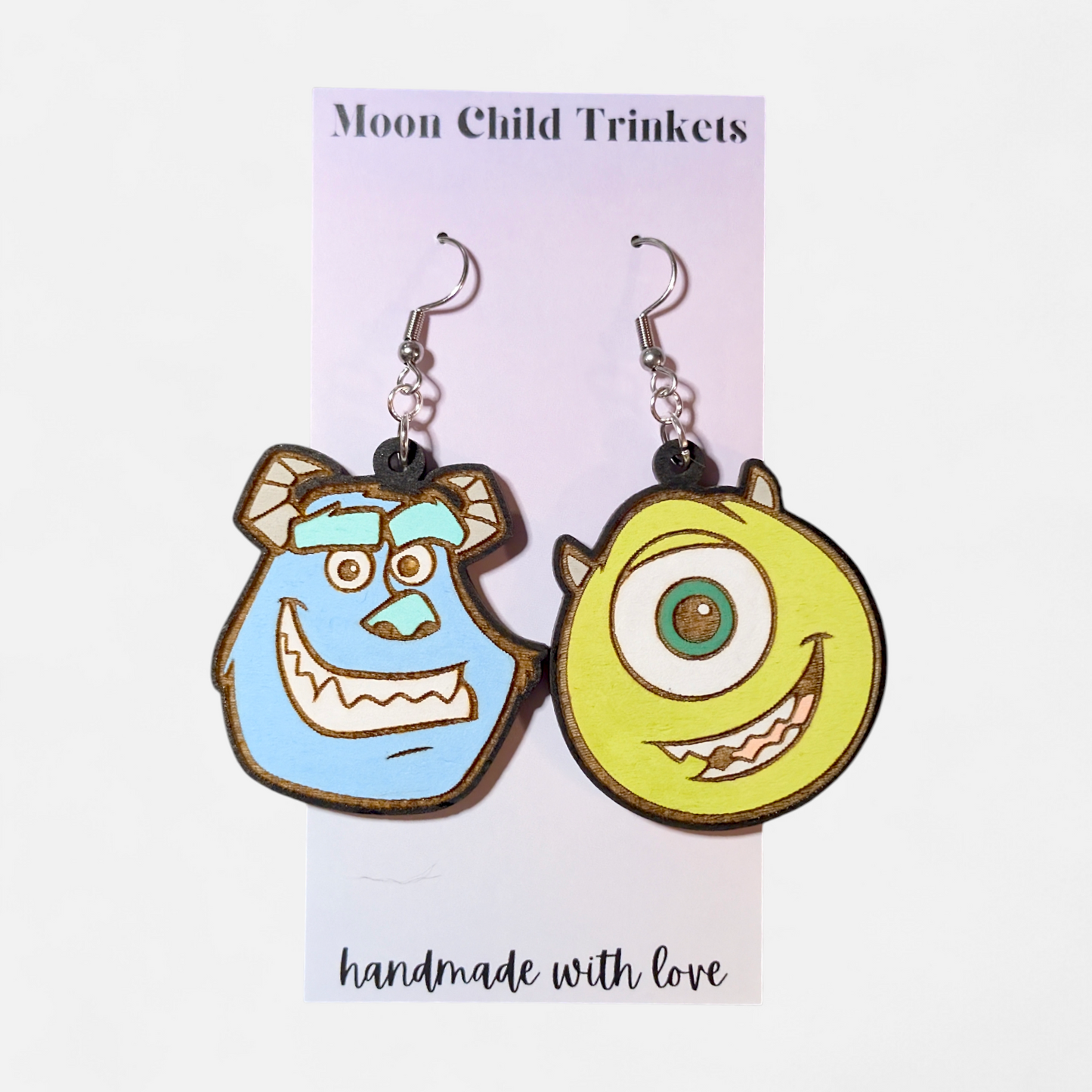 Mike and Sully Monsters Inc Hand Painted Wood Earrings