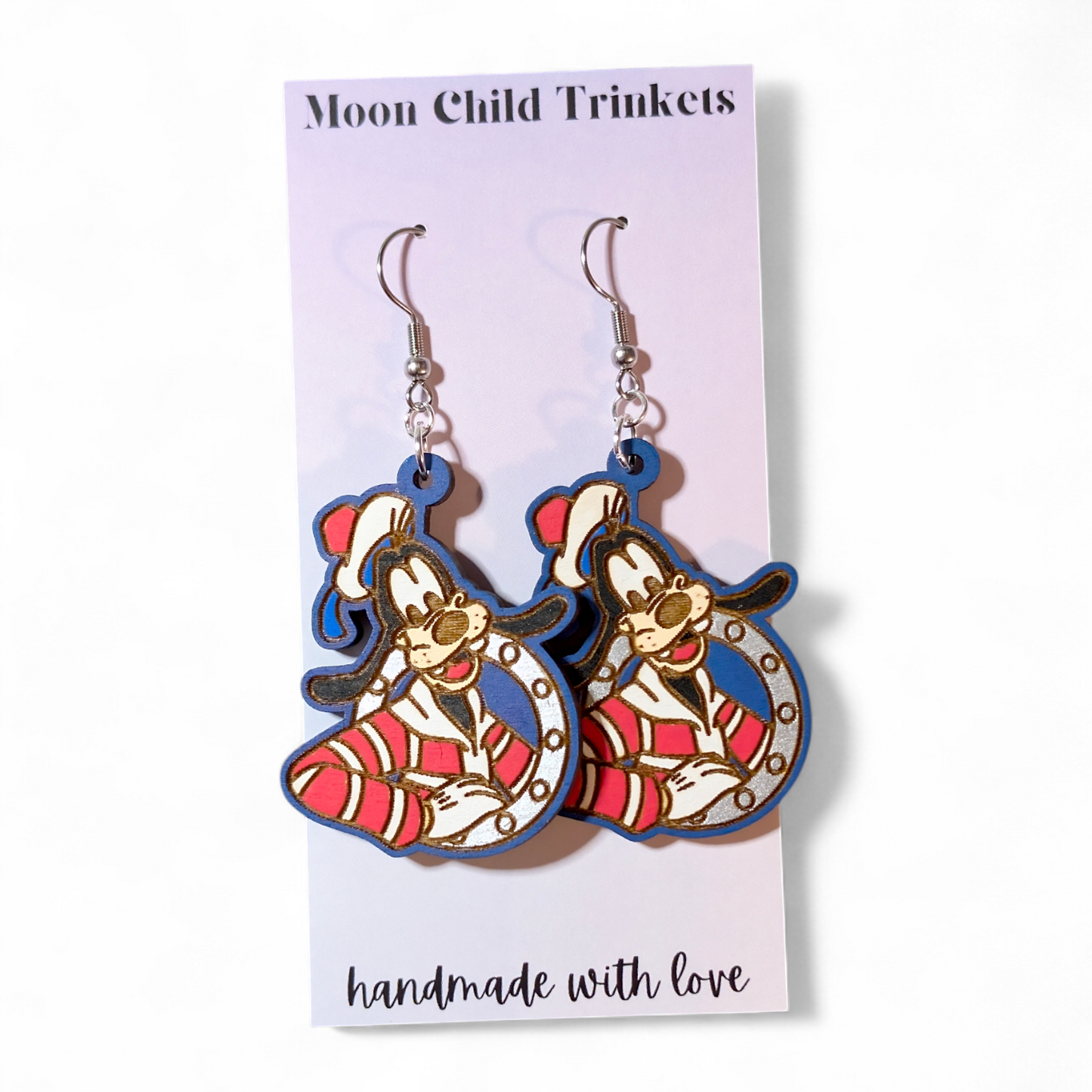 Goofy Porthole Cruise Hand Painted Wood Earrings