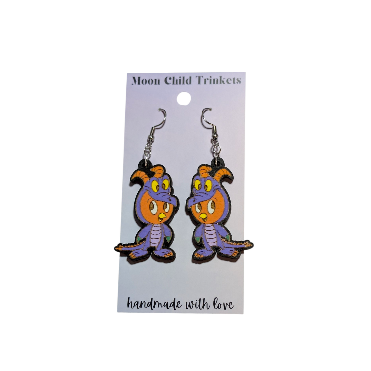 Orange Bird in Figment Costume Hand Painted Wood Earrings