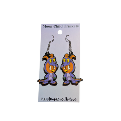 Orange Bird in Figment Costume Hand Painted Wood Earrings