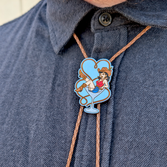 Pinup Cowgirl in Martini Glass Bolo Tie - Hand Painted Wood Bolo