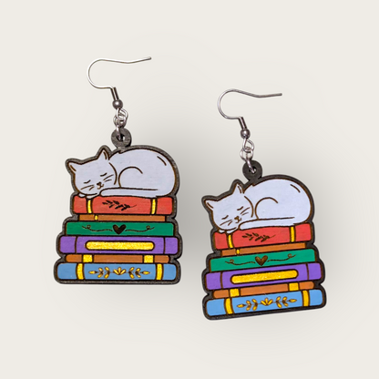 Cats and Books Hand Painted Wood Dangle Earrings