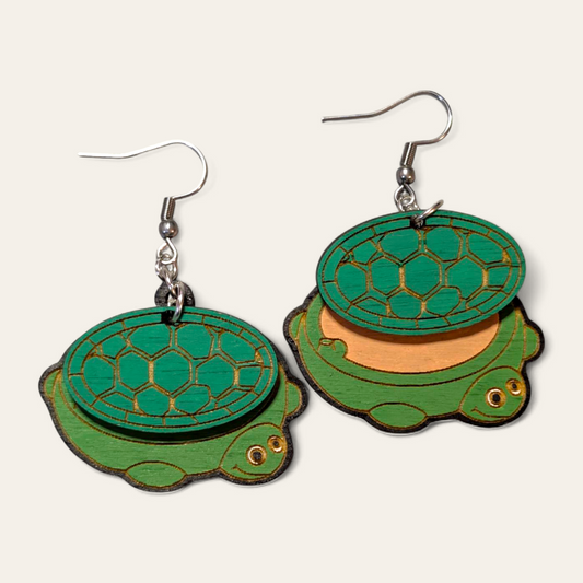 Turtle Sandbox Nostalgic Hand Painted Wood Dangle Earrings