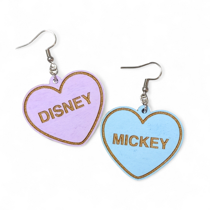 Disney Mickey Conversation Hearts Hand Painted Wood Earrings
