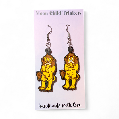 Cowardly Lion Wizard of Oz Book Inspired Hand Painted Wood Earrings