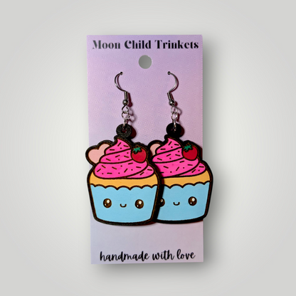 Cupcake Kawaii Hand Painted Wood Earrings