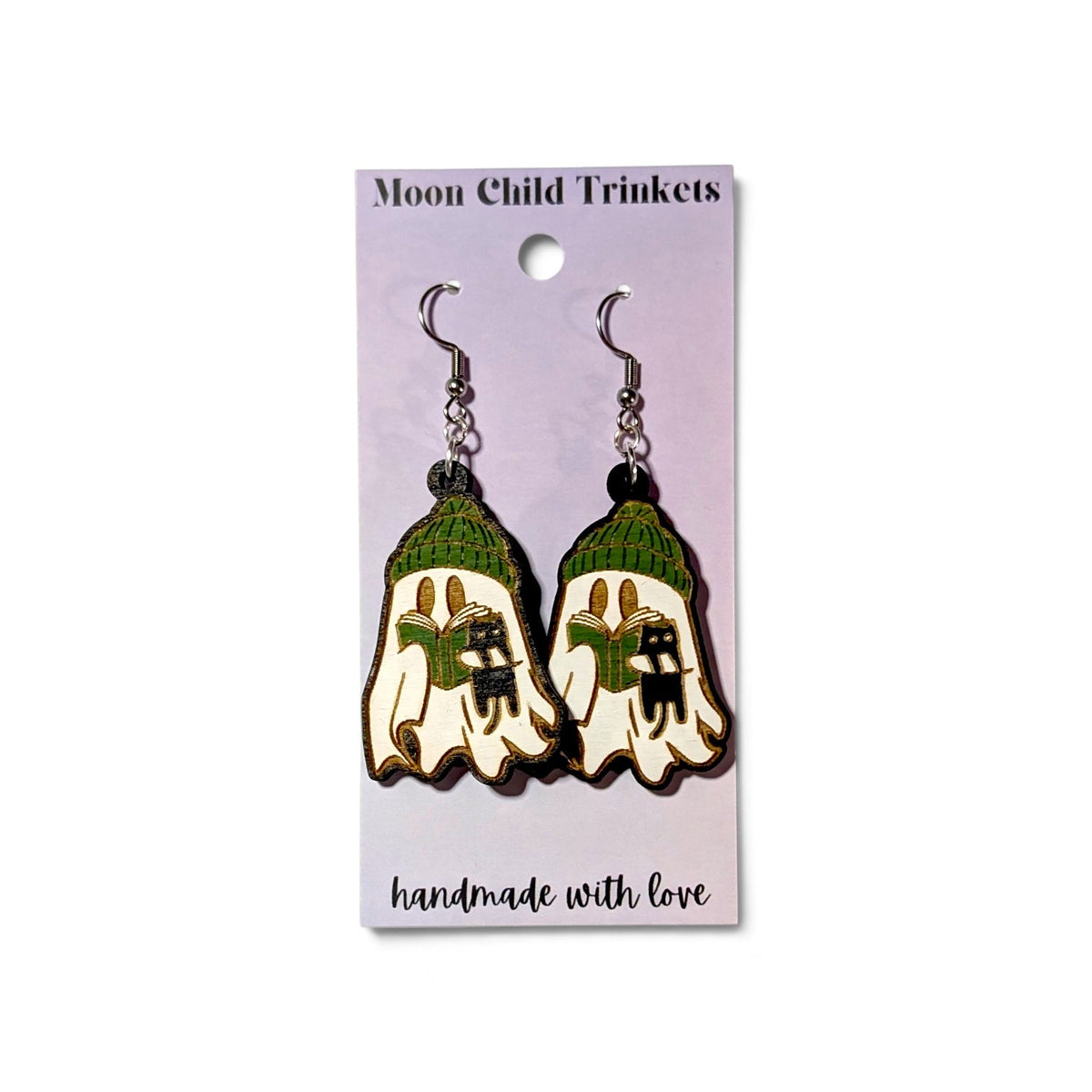 Ghost Reader with Cat Hand Painted Wood Earrings