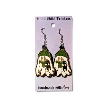 Ghost Reader with Cat Hand Painted Wood Earrings