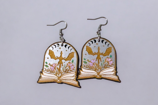 Fantasy Book Dragon Hand Painted Wood Dangle Earrings