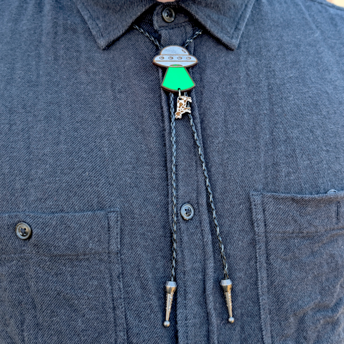 UFO Cow Abduction Bolo Tie - Hand Painted Wood Bolo