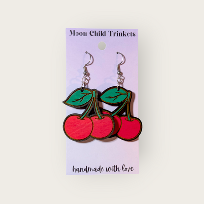 Cherry Hand Painted Wood Dangle Earrings