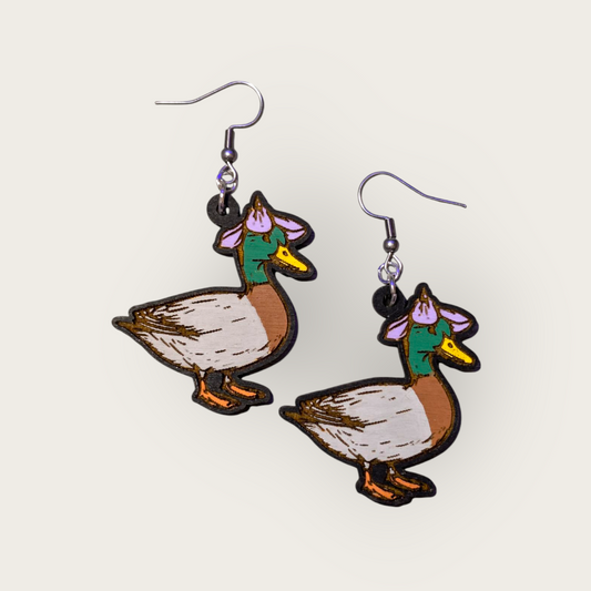 Duck with Flower Hat Hand Painted Wood Dangle Earrings