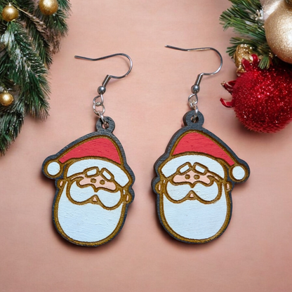 Santa Clause Hand Painted Wood Dangle Earrings