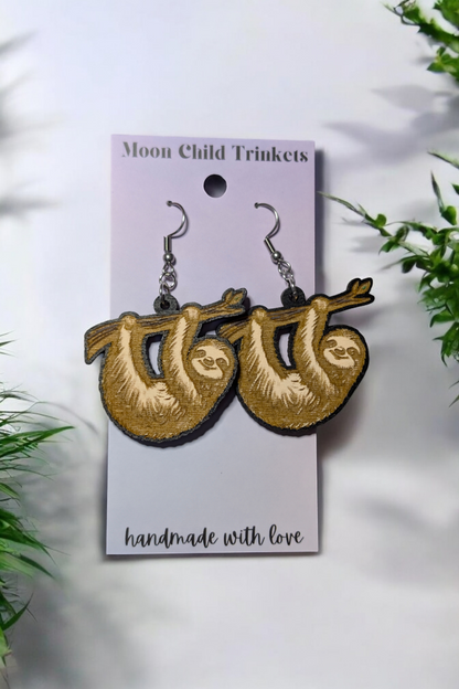 Hanging Sloth Hand Painted Dangle Earrings