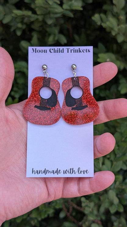Red Glitter Guitar Acrylic Earrings *LIMITED EDITION*