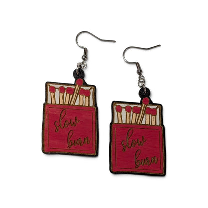 Slow Burn Match Book Hand Painted Wood Earrings