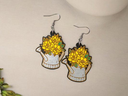 Whimsical Sunflower Watering Can Dangle Earrings - Perfect Gift for a Gardener!