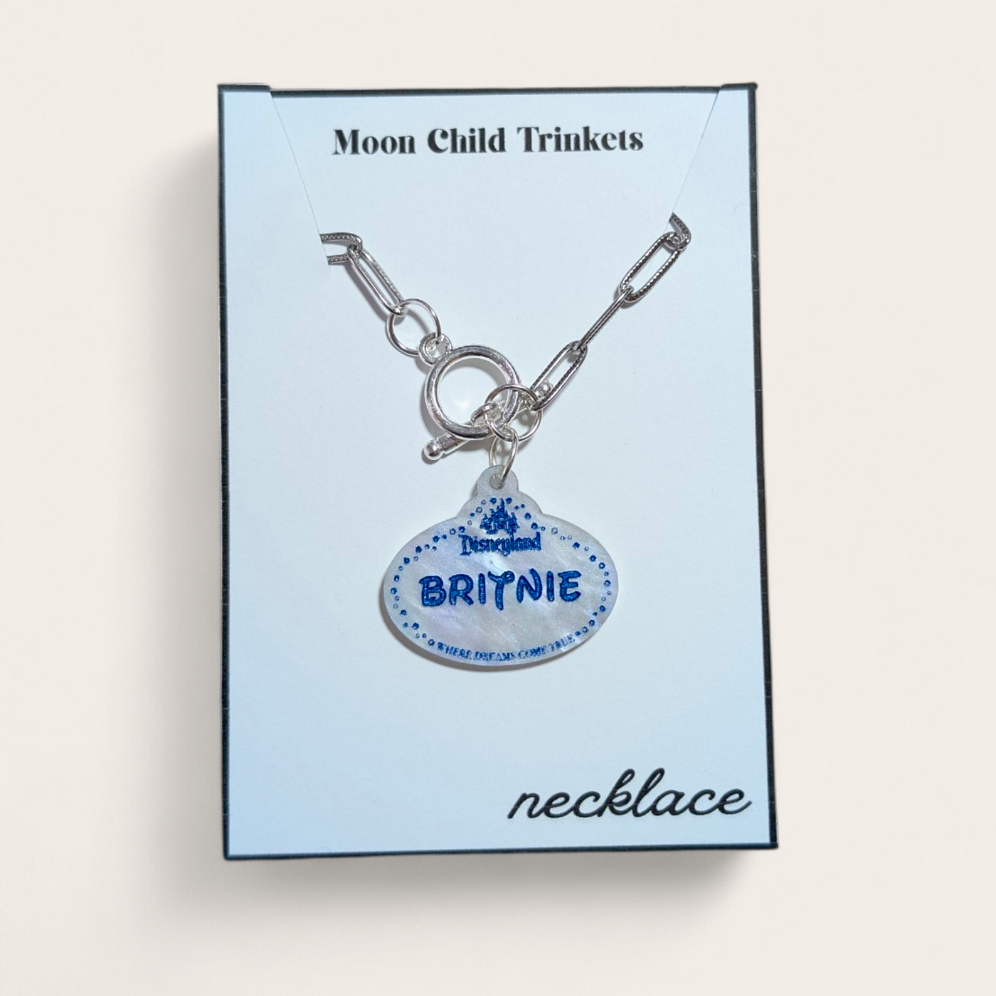Personalized Disney Parks Name Tag Pearlescent Acrylic Paperclip Chain Necklace