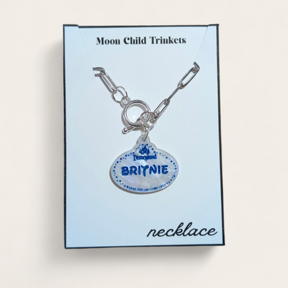 Personalized Disney Parks Name Tag Pearlescent Acrylic Paperclip Chain Necklace