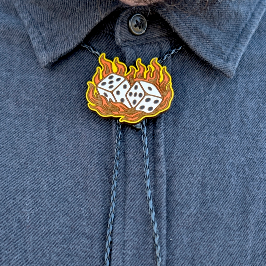 Flaming Dice Bolo Tie - Hand Painted Wood Bolo