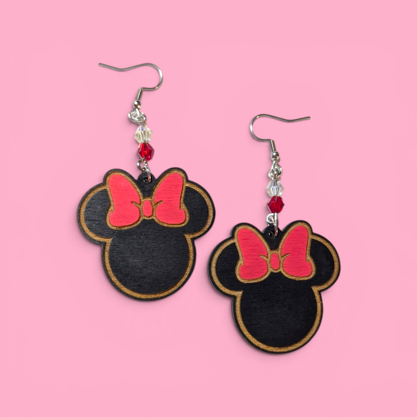 Minnie Mouse Bow Hand Painted Wood Earrings