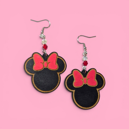 Minnie Mouse Bow Hand Painted Wood Earrings