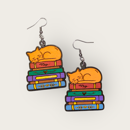 Cats and Books Hand Painted Wood Dangle Earrings
