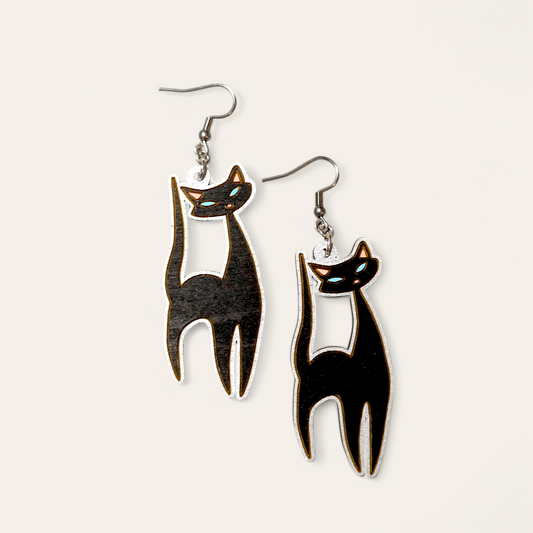 Retro Atomic Cat Hand Painted Wood Dangle Earrings