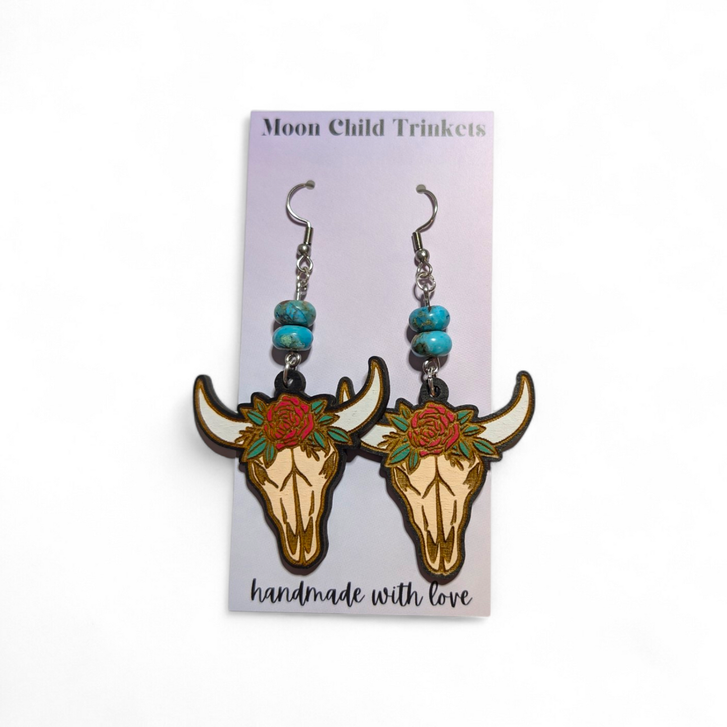 Boho Western Longhorn Hand Painted Wood Earrings