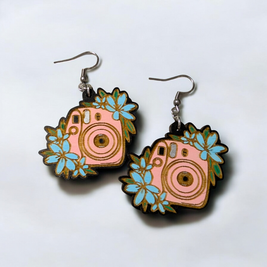 Floral Camera Hand Painted Wood Dangle Earrings