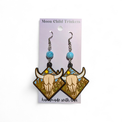 Western Cow Skull Hand Painted Wood Earrings