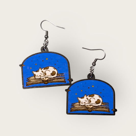 Sleepy Cat on Book Hand Painted Wood Dangle Earrings