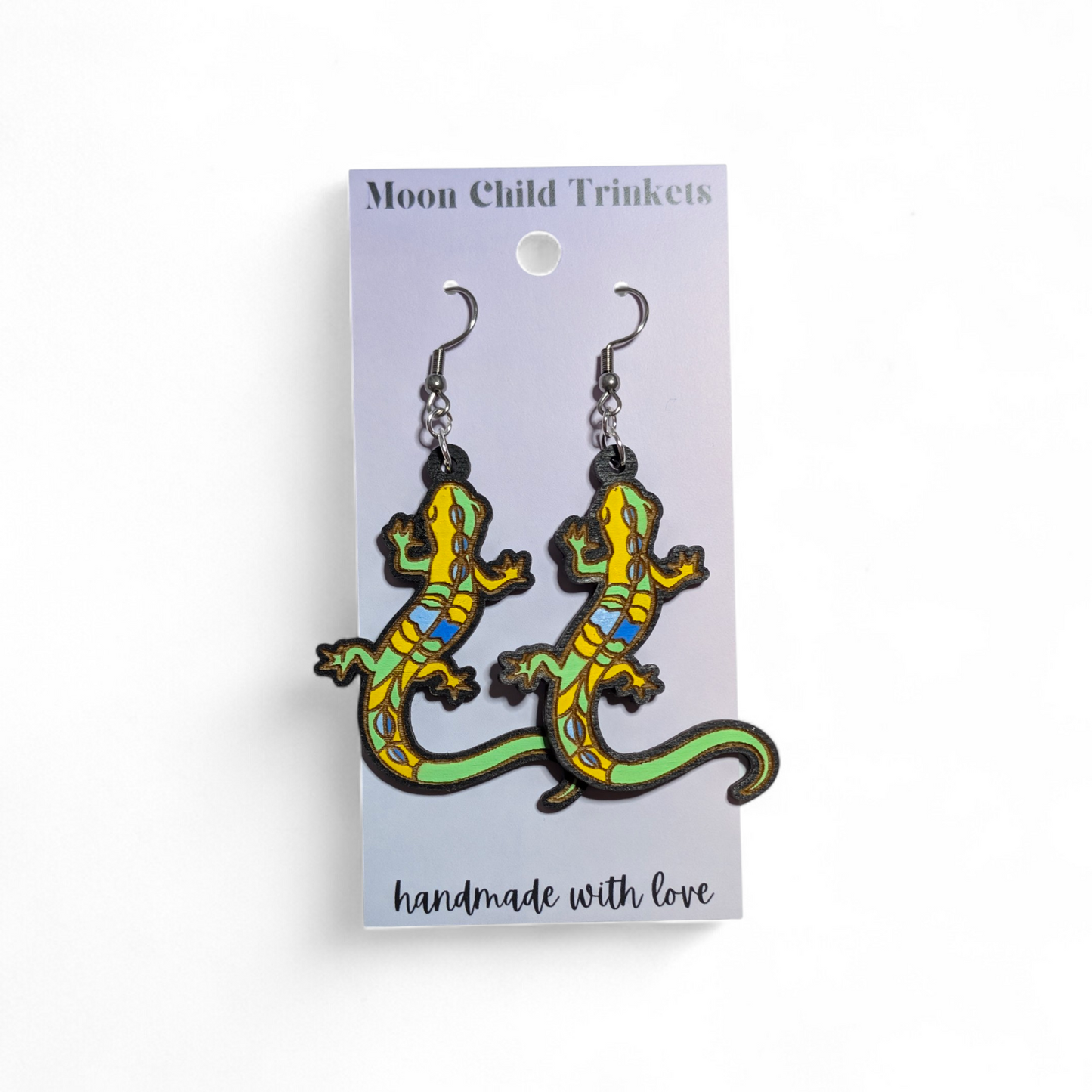 Neon Lizard Hand Painted Wood Earrings